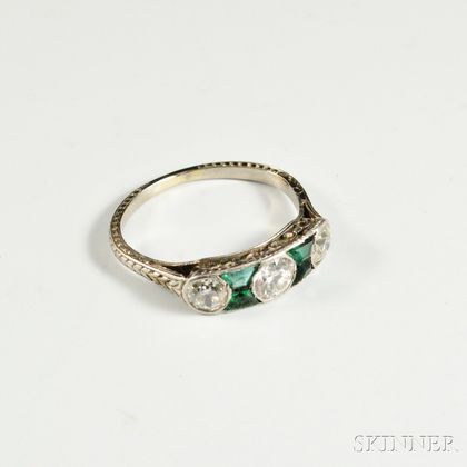 Art Deco Platinum, Diamond, and Emerald Ring