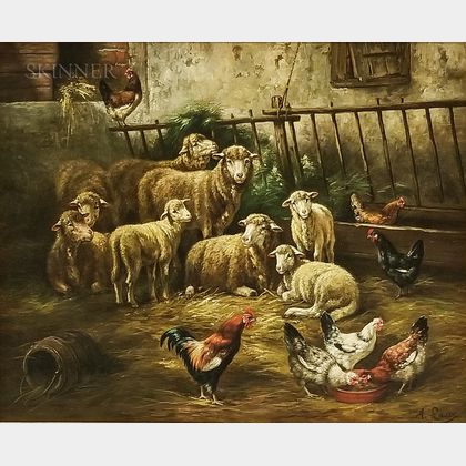 Attributed to August Laux (New York/Germany, 1853-1921) Barnyard Scene with Chickens and Sheep