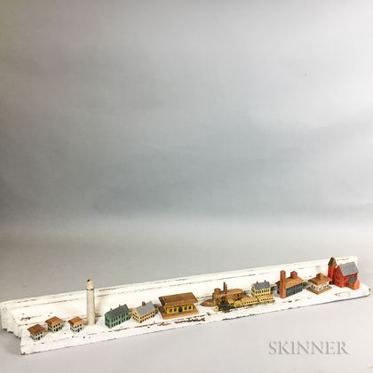Fourteen Carved Toy Buildings and Locomotives and a White-painted Pine Hanging Wall Shelf. Estimate $200-250