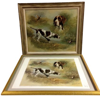 Framed Oil on Canvas Portrait of a Hunting Dog