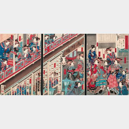 Utagawa Yoshiiku (1833-1904),Triptych Woodblock Print