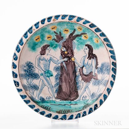 Polychrome Decorated Adam and Eve Charger