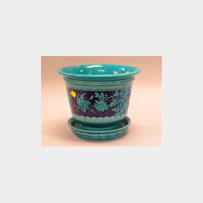 Minton Blue Glazed Ceramic Jardiniere with Underplate. 