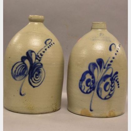 Two F. B. Norton Cobalt Floral Decorated Two-Gallon Stoneware Jugs