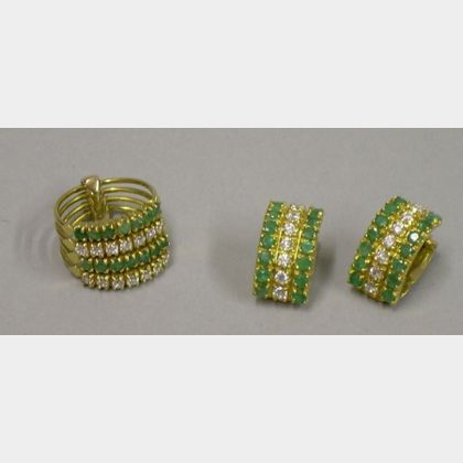 18kt Gold, Emerald, and Diamond Stacking Ring and Earrings Suite. 