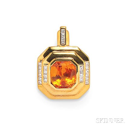 18kt Gold, Orange Sapphire, and Diamond Pendant