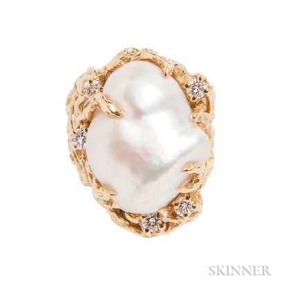 18kt Gold, Baroque South Sea Pearl, and Diamond Ring, Arthur King