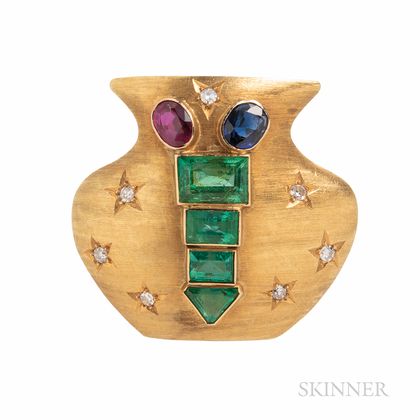 14kt Gold Gem-set Emerald Urn Brooch