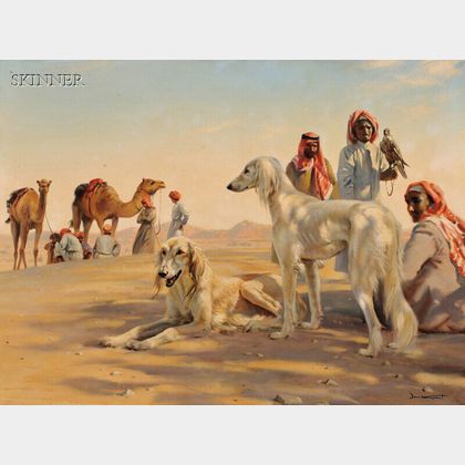 Donald Grant (British, 1930-2001) View of a Bedouin Tribe and Two Saluki