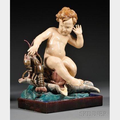 Georges Pull Barbotine Figurine of a Boy with a Lobster