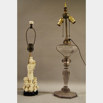 Baccarat-type Colorless Molded Glass Banquet Kerosene Table Lamp and a Blanc-de-chine-type Figural Table Lamp
