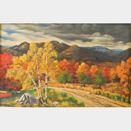 Alfred Demars (American, 20th Century) Autumn Landscape with Mountains and Stormy Sky