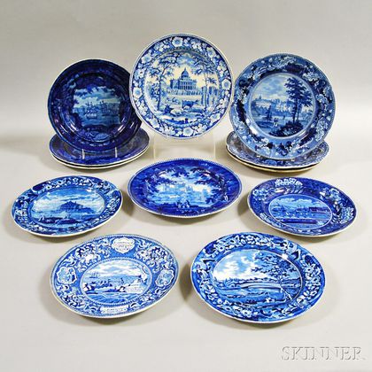 Twelve Staffordshire Blue and White Transfer-decorated Plates