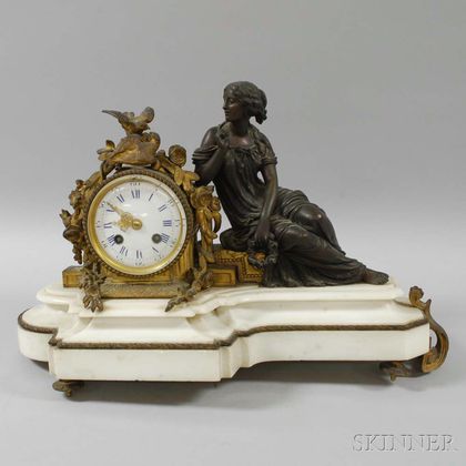 Patinated Brass and Marble Statuary Clock