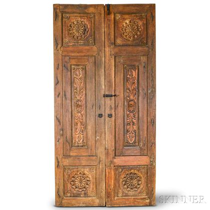 Pair of Mexican Foliate-carved Hardwood Doors