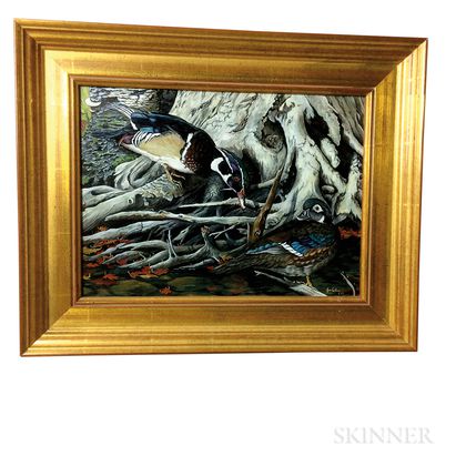 Framed Jim Collins (American, 20th Century) Oil on Board of Ducks