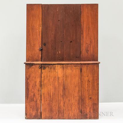 Country Red-stained Pine Step-back Cupboard