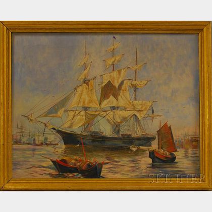 Framed Oil on Canvas Portrait of a Three-masted Sailing Ship