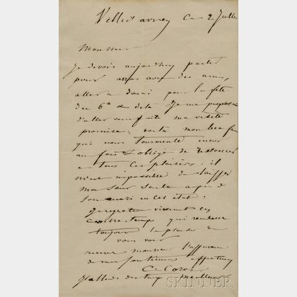 Corot, Jean Baptiste Camille (1796-1875) Autograph Letter Signed, Ville-d'Avray, 2 July [1861].