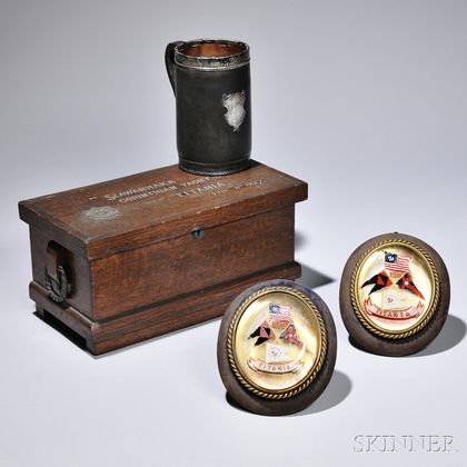 Four Yachting Items, late 19th/early 20th century, including an oak-cased tea caddy carved Seawanhanka Corinthian [Oyster Bay, Long Is 