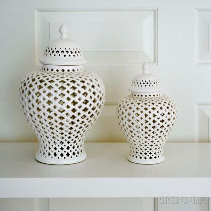 Two White Ceramic Reticulated Baluster-form Vases.