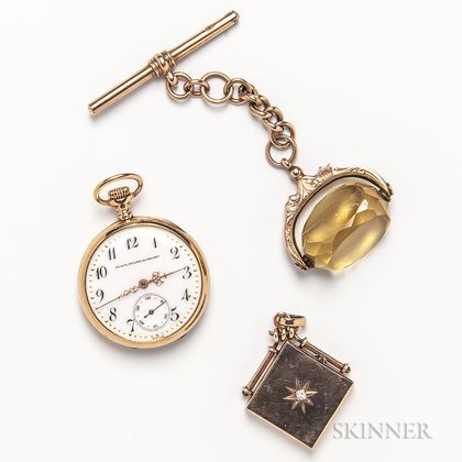 14kt Gold Pocket Watch, 10kt Gold and Diamond Locket, and a 9kt Gold and Citrine Fob
