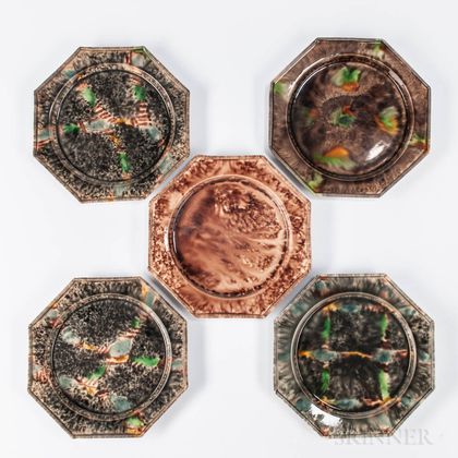Five Press-molded Octagonal Tortoiseshell-glazed Earthenware Plates