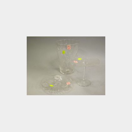 Pairpoint Colorless Cut Glass Cattail Vase, a Tazza and Dish. 