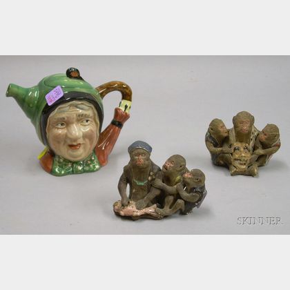 Two Japanese Painted Ceramic Three Monkeys Figural Groups and a Beswick Sairey Gamp Character Teapot. 