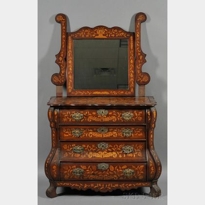 Dutch Baroque-style Fruitwood Marquetry-inlaid Walnut Dressing Chest and Mirror