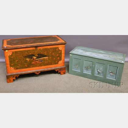 Polychrome Paint-decorated Wood Dovetail-constructed Blanket Chest and a Polychrome-painted Shore Bird-decorated Paneled Wood Storag...
