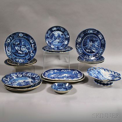 Eighteeen Staffordshire Blue and White Transfer-decorated Items