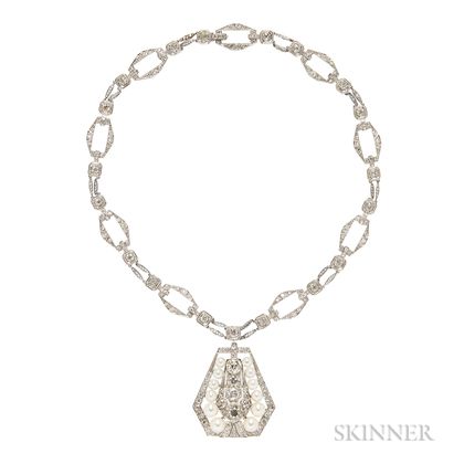 Art Deco Platinum, Diamond, and Pearl Pendant Necklace