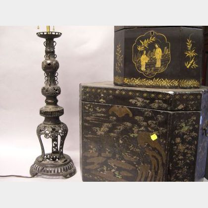 Two Chinese Export Lacquerware Tea Boxes and a Chinese Bronze Lamp. 