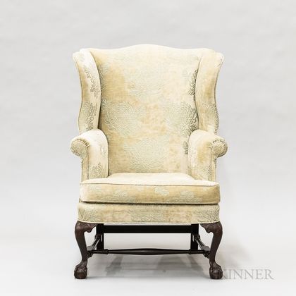 Chippendale-style Carved and Upholstered Mahogany Wing Chair