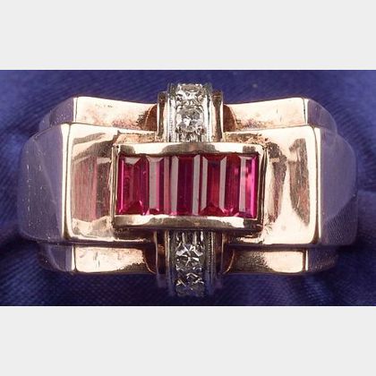 Retro 14kt Rose Gold, Synthetic Ruby, and Diamond Ring