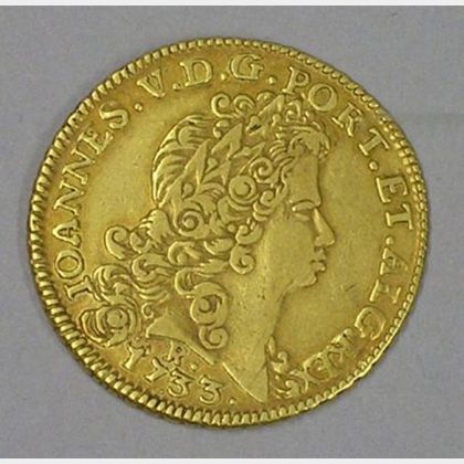 Portuguese Ioannes V Gold Peca 1733, Rio de Janeiro
