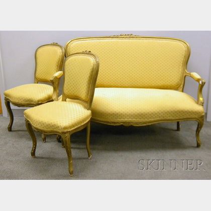 Gold-painted Rococo Revival Upholstered Parlor Settee and a Pair of Side Chairs. 