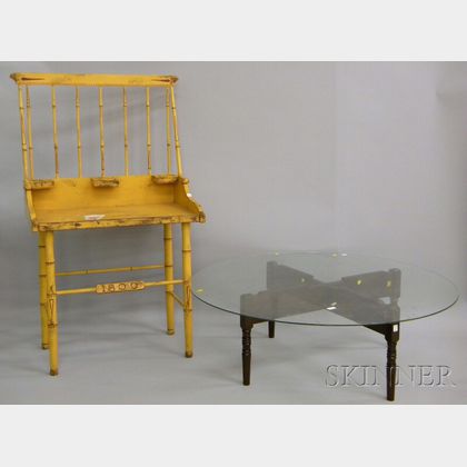 Yellow-painted and Decorated Wooden Washstand with Bamboo Turnings and a Glass-top Coffee Table with Crossed Turned Wood Base. 