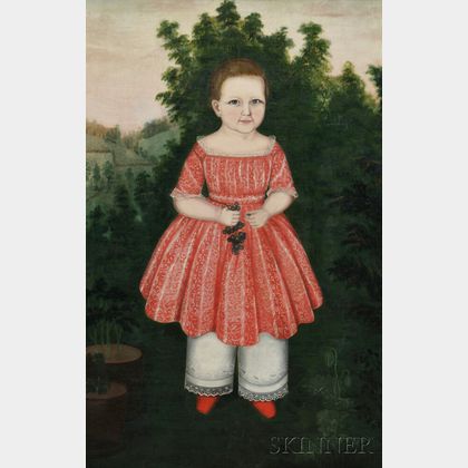 Susan C. Waters (American, 1823-1900) Portrait of Ann Eliza Collins Aged 2 Years, 1845, in a Landscape Holding a Cluster of Grapes. Sig