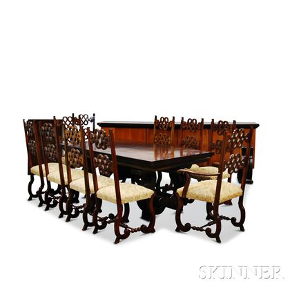 Dutch Revival Rosewood Dining Table, Chairs, and Server