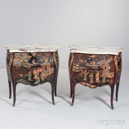 Pair of Louis XV-style Marble-top Japanned Commodes