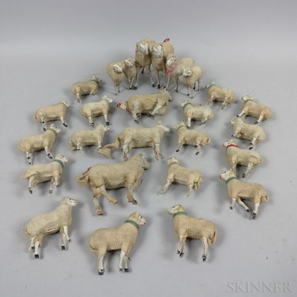 Group of Carved and Painted Wood and Wool Sheep