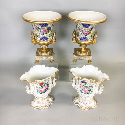 Two Pairs of German Floral-decorated Porcelain Urns
