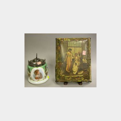 Art Nouveau Lithograph Decorated Musical Jewel Box and an Art Nouveau Silver Plate Mounted Enamel Decorated Glass Biscuit Jar. 