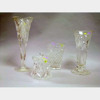 Three Colorless Cut Glass Vases and a Covered Jar. 