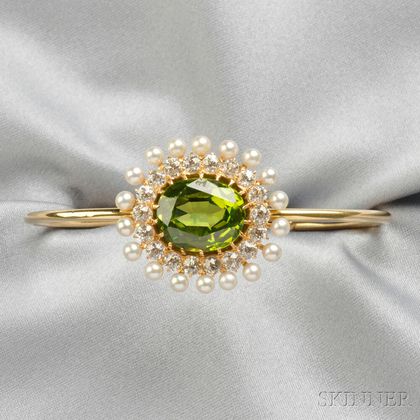 Antique 18kt Gold, Peridot, Pearl and Diamond Element, Bailey, Banks & Biddle