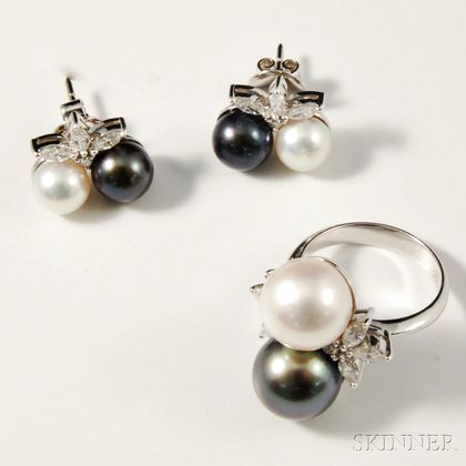 Bicolor Pearl and Diamond Ring and Earrings