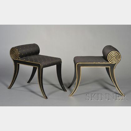 Pair of Regency-style Carved, Parcel-gilt, and Ebonized Stools