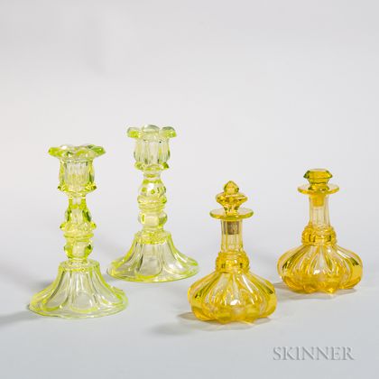 Pair of Canary Yellow Pressed Glass Candlesticks and Perfume Bottles